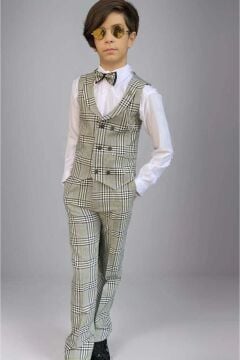 Erkek Çocuk Kare Desen ve Şal Yaka Yelekli Yeşil Takım Elbise