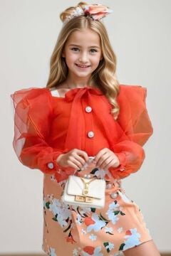 Kız Çocuk Boydan Düğmelei Transparan Detaylı Turuncu Etekli Takım