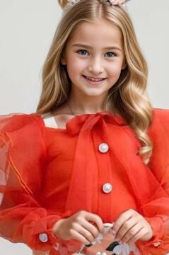 Kız Çocuk Boydan Düğmelei Transparan Detaylı Turuncu Etekli Takım