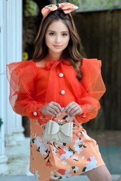 Kız Çocuk Boydan Düğmelei Transparan Detaylı Turuncu Etekli Takım