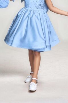 Kız Çocuk Göğsü İnci Taş İşlemeli Tek Omuz Şeffaf Askılı Eteği Kabarık Mavi Abiye