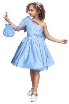 Kız Çocuk Göğsü İnci Taş İşlemeli Tek Omuz Şeffaf Askılı Eteği Kabarık Mavi Abiye