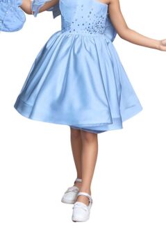 Kız Çocuk Göğsü İnci Taş İşlemeli Tek Omuz Şeffaf Askılı Eteği Kabarık Mavi Abiye