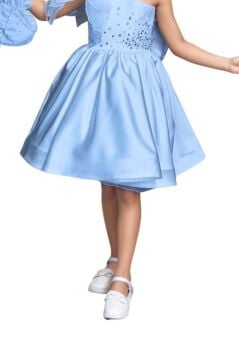 Kız Çocuk Göğsü İnci Taş İşlemeli Tek Omuz Şeffaf Askılı Eteği Kabarık Mavi Abiye