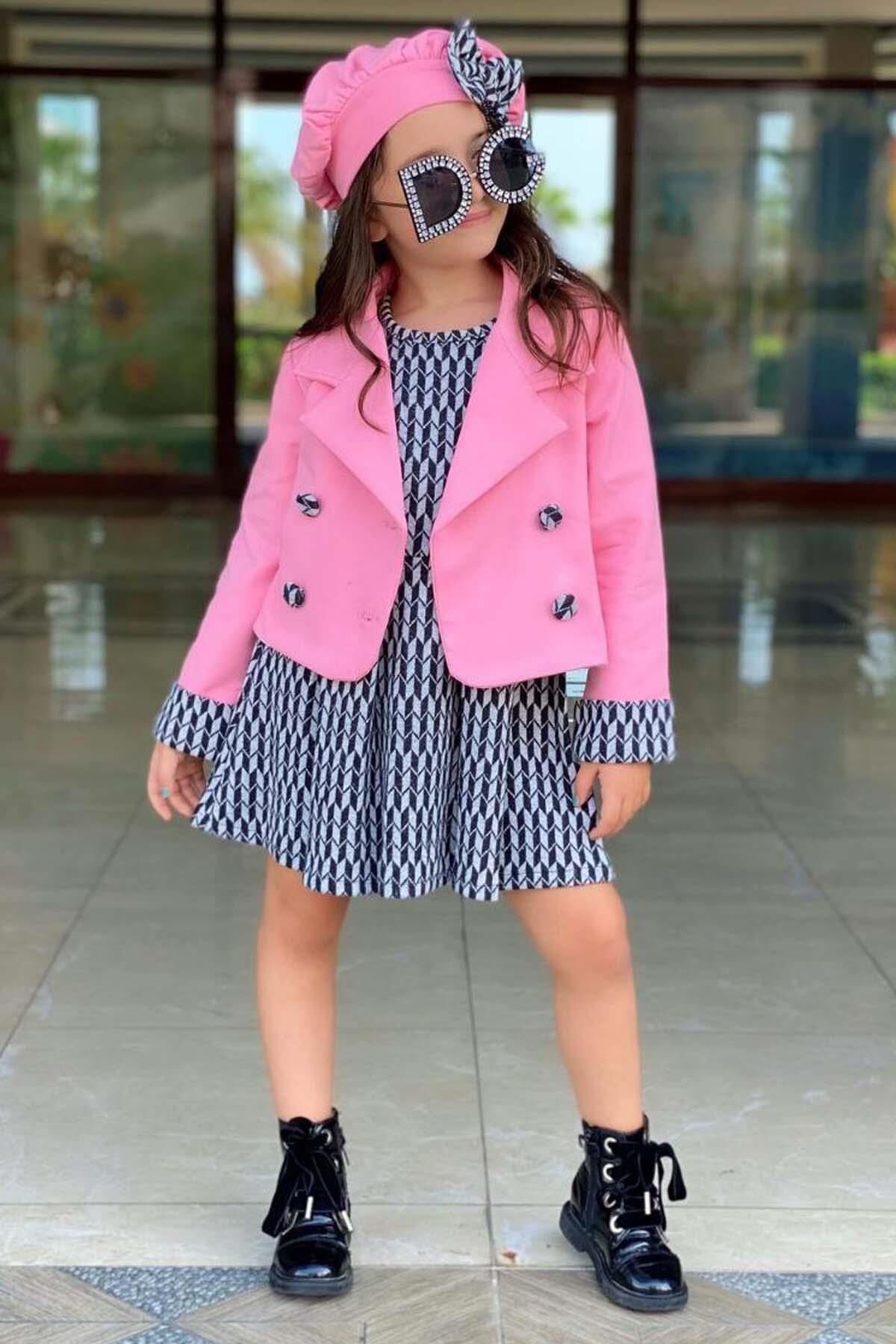 Kız Çocuk Kol Uçları Şerit Detaylı Blazer Ceket Bisiklet Yaka Üzeri Zebra Desenli Elbise