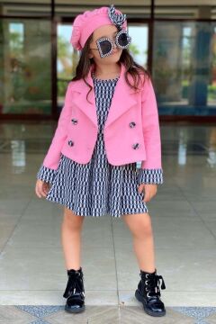 Kız Çocuk Kol Uçları Şerit Detaylı Blazer Ceket Bisiklet Yaka Üzeri Zebra Desenli Elbise