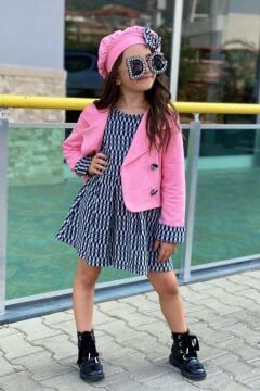 Kız Çocuk Kol Uçları Şerit Detaylı Blazer Ceket Bisiklet Yaka Üzeri Zebra Desenli Elbise