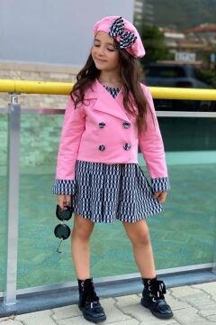 Kız Çocuk Kol Uçları Şerit Detaylı Blazer Ceket Bisiklet Yaka Üzeri Zebra Desenli Elbise