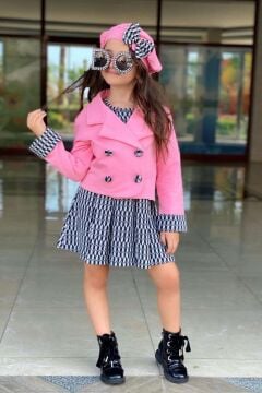 Kız Çocuk Kol Uçları Şerit Detaylı Blazer Ceket Bisiklet Yaka Üzeri Zebra Desenli Elbise