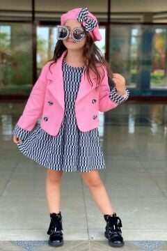 Kız Çocuk Kol Uçları Şerit Detaylı Blazer Ceket Bisiklet Yaka Üzeri Zebra Desenli Elbise