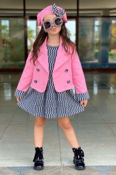 Kız Çocuk Kol Uçları Şerit Detaylı Blazer Ceket Bisiklet Yaka Üzeri Zebra Desenli Elbise