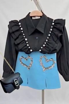 Kız Çocuk Kristal Taşlı Kalp Figürlü Mavi Etekli Takım