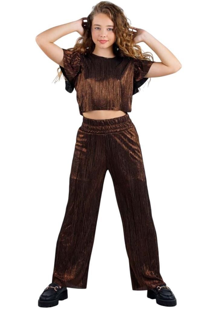 Kız Çocuk Parlak Kumaş Varaklı Bluz Pliseli Bol Kesim Pantolon Metal Rengi Alt Üst Takım