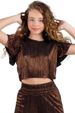 Kız Çocuk Parlak Kumaş Varaklı Bluz Pliseli Bol Kesim Pantolon Metal Rengi Alt Üst Takım