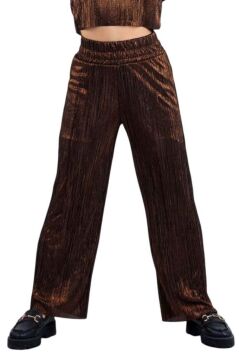 Kız Çocuk Parlak Kumaş Varaklı Bluz Pliseli Bol Kesim Pantolon Metal Rengi Alt Üst Takım