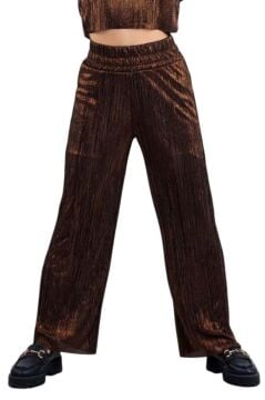 Kız Çocuk Parlak Kumaş Varaklı Bluz Pliseli Bol Kesim Pantolon Metal Rengi Alt Üst Takım