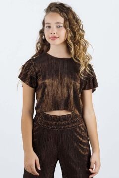 Kız Çocuk Parlak Kumaş Varaklı Bluz Pliseli Bol Kesim Pantolon Metal Rengi Alt Üst Takım