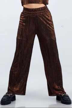 Kız Çocuk Parlak Kumaş Varaklı Bluz Pliseli Bol Kesim Pantolon Metal Rengi Alt Üst Takım