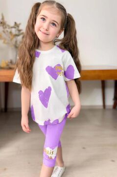 Kız Çocuk Üzeri Kalp Desen ve Paris Yazı Baskılı Kapri Lila Taytlı Takım