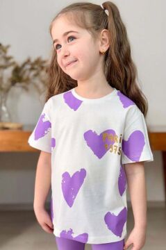 Kız Çocuk Üzeri Kalp Desen ve Paris Yazı Baskılı Kapri Lila Taytlı Takım