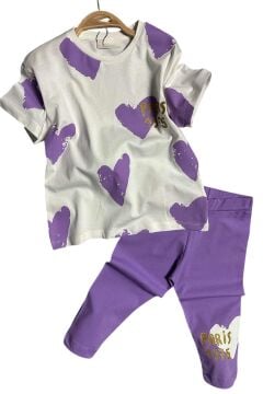 Kız Çocuk Üzeri Kalp Desen ve Paris Yazı Baskılı Kapri Lila Taytlı Takım