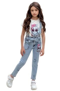 Kız Çocuk Üzeri Digital Baskılı T-shirt Yırtmaç ve Kedi Detaylı Mavi Jean Salopet Takım
