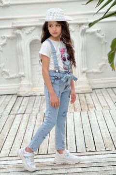 Kız Çocuk Üzeri Digital Baskılı T-shirt Yırtmaç ve Kedi Detaylı Mavi Jean Salopet Takım