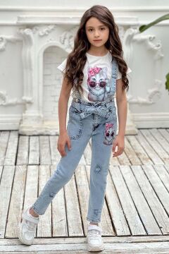 Kız Çocuk Üzeri Digital Baskılı T-shirt Yırtmaç ve Kedi Detaylı Mavi Jean Salopet Takım