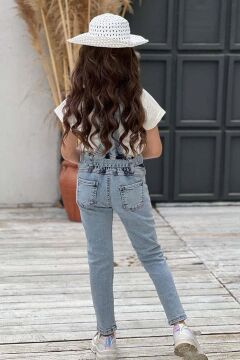 Kız Çocuk Üzeri Digital Baskılı T-shirt Yırtmaç ve Kedi Detaylı Mavi Jean Salopet Takım