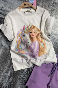 Kız Çocuk Üzeri Digital Bebek ve At Baskılı Penye T-Shirt Lila Şortlu Takım