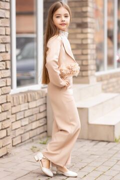 Kız Çocuk Çiçek Broş Detaylı Blazer Ceket Halter Yaka Taş Detaylı Bluz Krem Alt Üst Takım