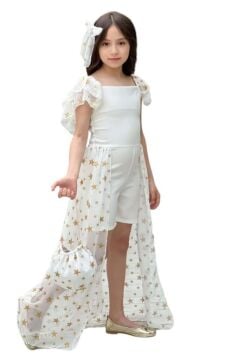 Kız Çocuk Yıldız Desenli Kayık Yaka Tül Kuyruklu Beyaz Şortlu Tulum