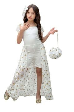 Kız Çocuk Yıldız Desenli Kayık Yaka Tül Kuyruklu Beyaz Şortlu Tulum