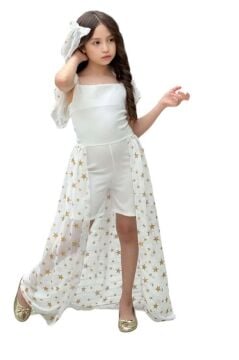 Kız Çocuk Yıldız Desenli Kayık Yaka Tül Kuyruklu Beyaz Şortlu Tulum