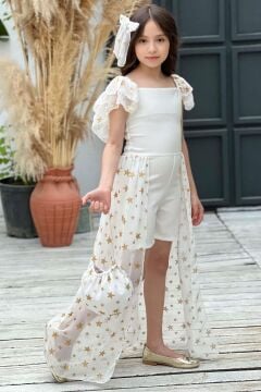 Kız Çocuk Yıldız Desenli Kayık Yaka Tül Kuyruklu Beyaz Şortlu Tulum