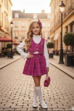 Kız Çocuk Boğazlı Yaka ve İspanyol Kol Bluz Kare Çizgili Triko Pembe Etekli Takım