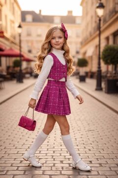 Kız Çocuk Boğazlı Yaka ve İspanyol Kol Bluz Kare Çizgili Triko Pembe Etekli Takım