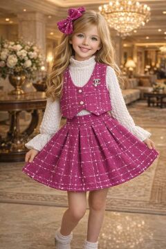 Kız Çocuk Boğazlı Yaka ve İspanyol Kol Bluz Kare Çizgili Triko Pembe Etekli Takım