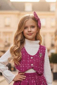 Kız Çocuk Boğazlı Yaka ve İspanyol Kol Bluz Kare Çizgili Triko Pembe Etekli Takım