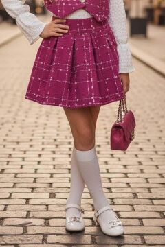 Kız Çocuk Boğazlı Yaka ve İspanyol Kol Bluz Kare Çizgili Triko Pembe Etekli Takım