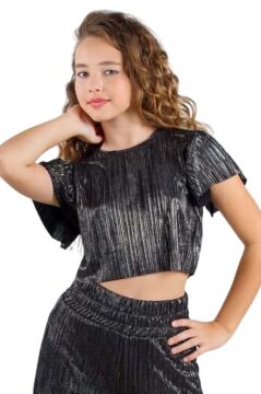 Kız Çocuk Parlak Kumaş Varaklı Bluz Pliseli Bol Kesim Pantolon Antrasit Alt Üst Takım