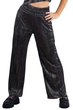 Kız Çocuk Parlak Kumaş Varaklı Bluz Pliseli Bol Kesim Pantolon Antrasit Alt Üst Takım