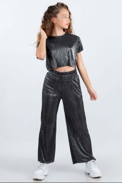 Kız Çocuk Parlak Kumaş Varaklı Bluz Pliseli Bol Kesim Pantolon Antrasit Alt Üst Takım