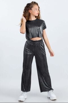 Kız Çocuk Parlak Kumaş Varaklı Bluz Pliseli Bol Kesim Pantolon Antrasit Alt Üst Takım