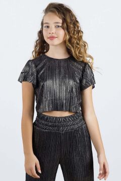 Kız Çocuk Parlak Kumaş Varaklı Bluz Pliseli Bol Kesim Pantolon Antrasit Alt Üst Takım