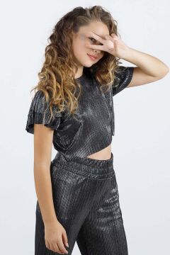 Kız Çocuk Parlak Kumaş Varaklı Bluz Pliseli Bol Kesim Pantolon Antrasit Alt Üst Takım