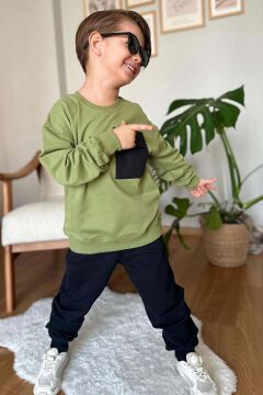 Erkek Çocuk Kapak Cepli Bisiklet Yaka Sweatshirt Haki Yeşil Eşofman Takım