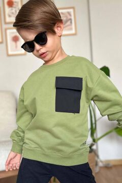 Erkek Çocuk Kapak Cepli Bisiklet Yaka Sweatshirt Haki Yeşil Eşofman Takım