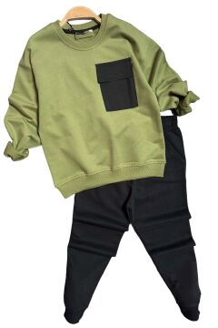 Erkek Çocuk Kapak Cepli Bisiklet Yaka Sweatshirt Haki Yeşil Eşofman Takım