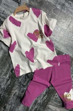 Kız Çocuk Üzeri Kalp Desen ve Paris Yazı Baskılı Kapri Mor Taytlı Takım